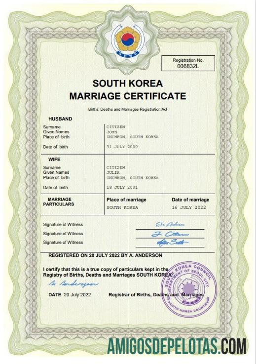 Em branco modelo Word e PDF de certidão de casamento da Coreia do Sul